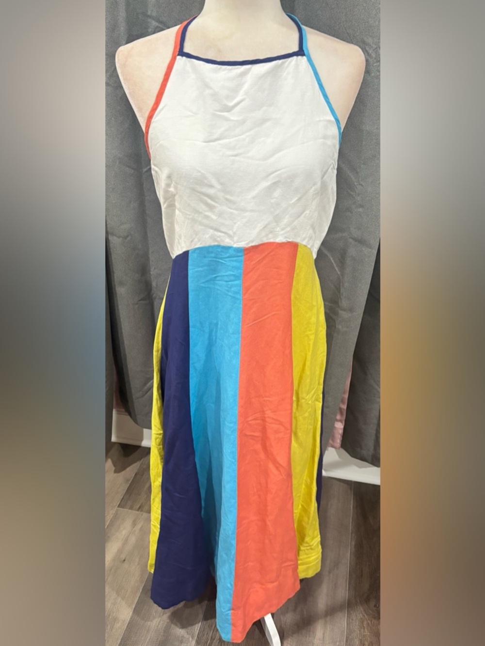 By Anthropologie Multicolor Stripe Halter Midi Dress White Blue Medium Linen - Picture 9 of 11
